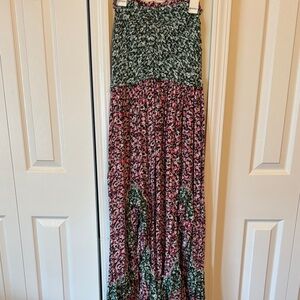 Floral Pink and Green Smocked Maxi Skirt